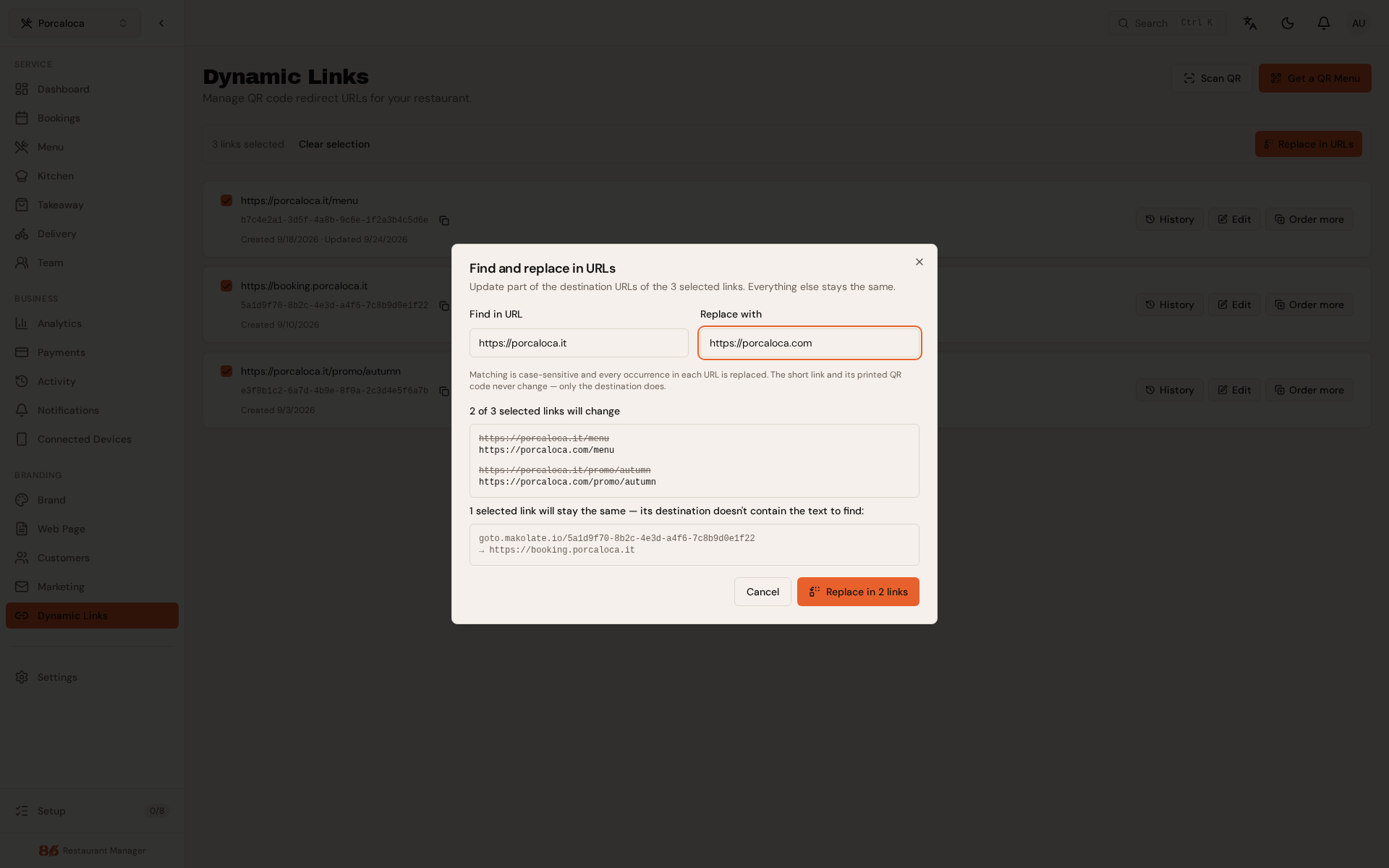 The Find and replace in URLs dialog with Find in URL and Replace with fields, a preview of the links that change and the one that stays the same