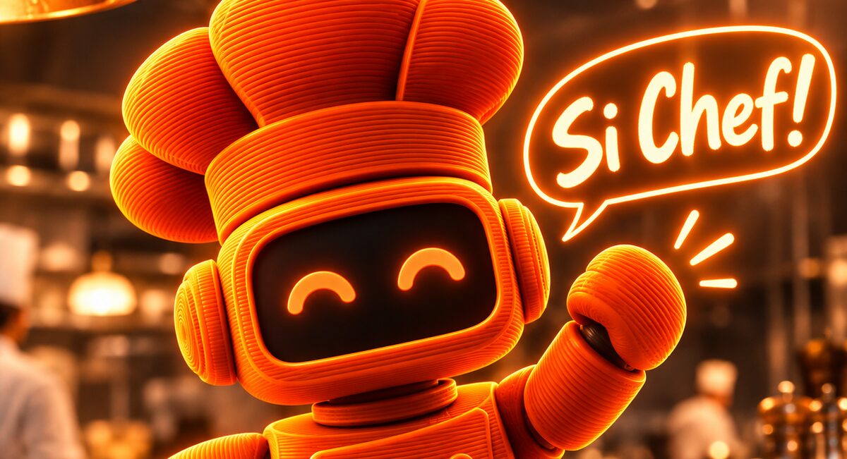 Si-Chef, the 86 robot chef, waving in the kitchen under the words Si Chef!