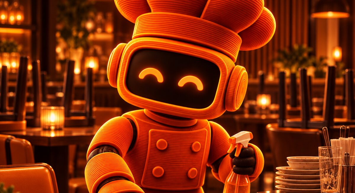 The robot chef wiping a table at closing time, beside a stack of plates
