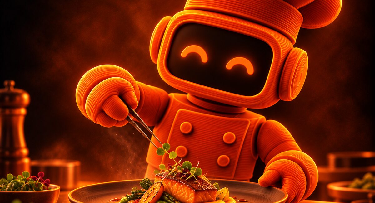 The robot chef plating a gourmet dish with tweezers